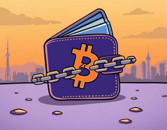A cartoon illustration depicting a broken blockchain chain with South Korean symbols, representing the halted South Korean blockchain project.