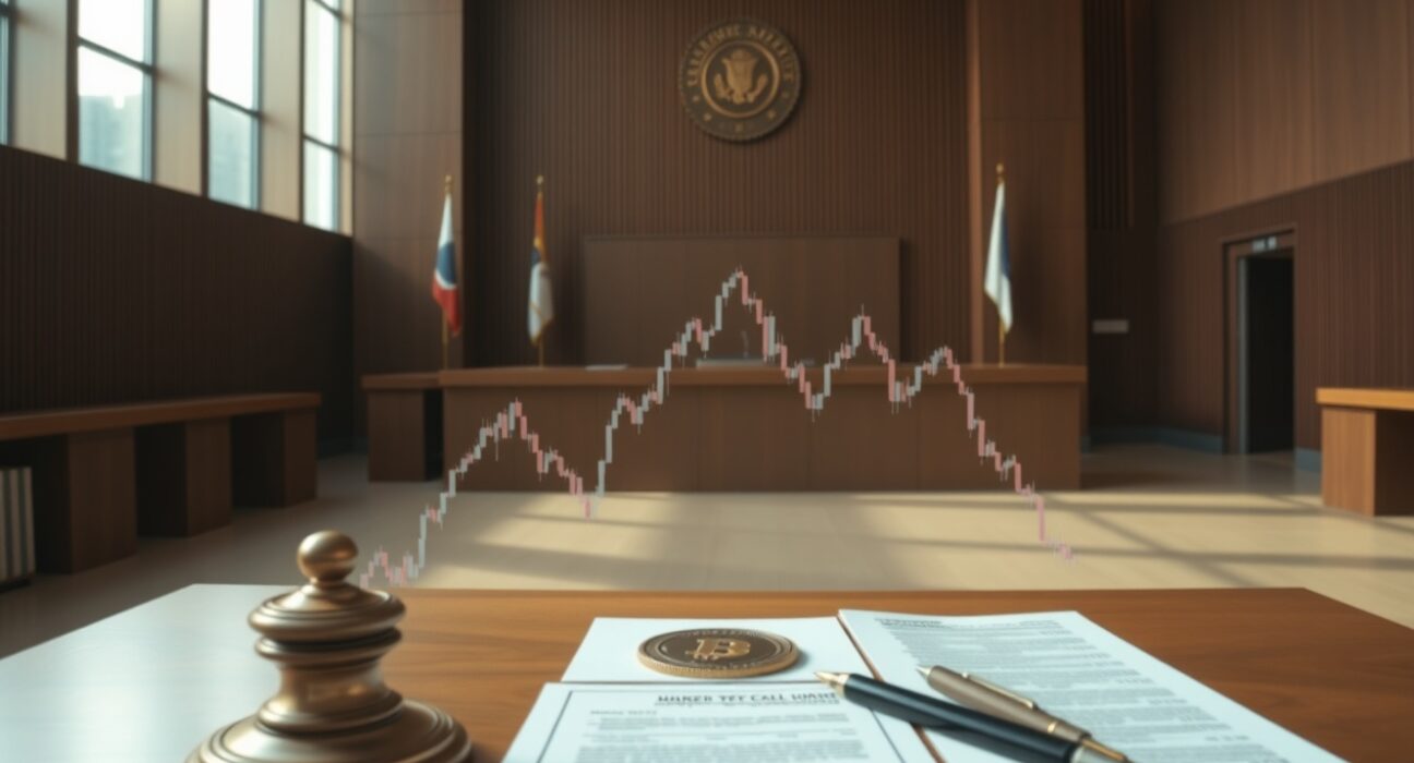 South Korean courthouse interior with legal documents and a declining crypto chart overlay