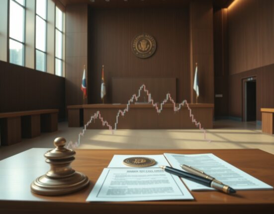 South Korean courthouse interior with legal documents and a declining crypto chart overlay