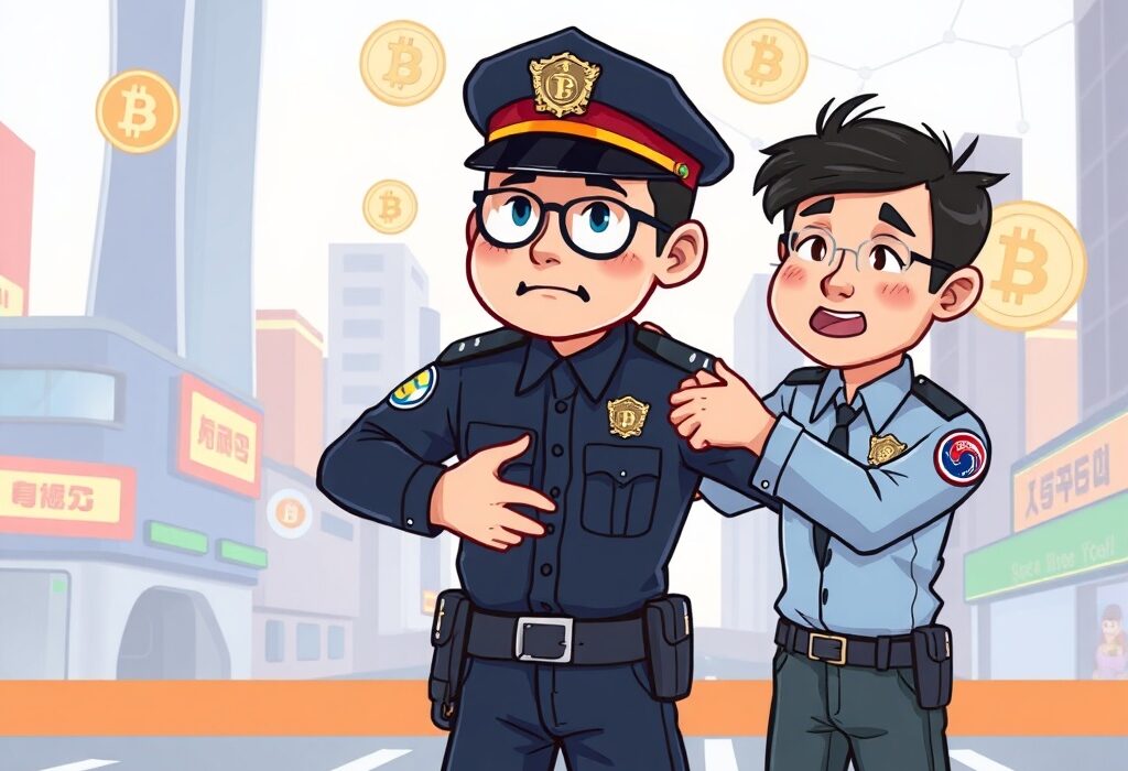 A cartoon illustration showing the rising number of South Korean crypto arrests due to increasing fraud and illegal schemes.