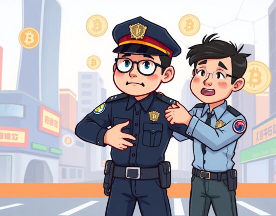 A cartoon illustration showing the rising number of South Korean crypto arrests due to increasing fraud and illegal schemes.