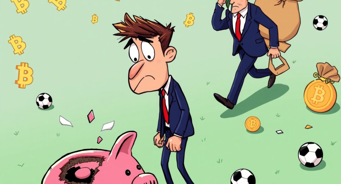Cartoon illustration of NFT fraud showing investor loss with blockchain elements and soccer theme