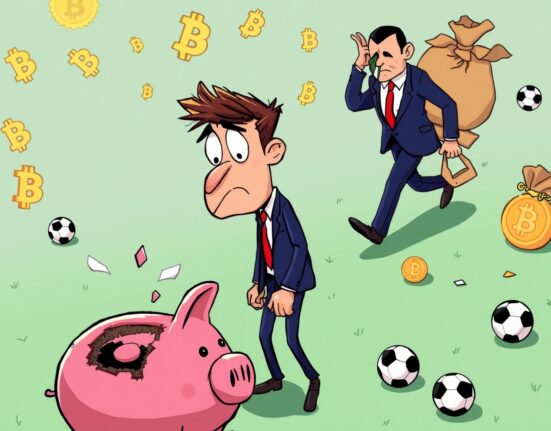 Cartoon illustration of NFT fraud showing investor loss with blockchain elements and soccer theme