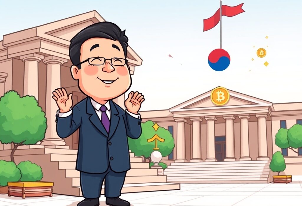 A South Korean official, recently acquitted in a South Korean crypto disclosure case, stands confidently outside a government building.