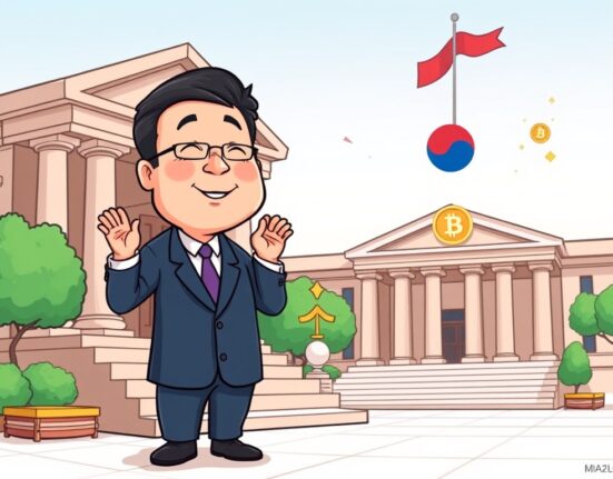 A South Korean official, recently acquitted in a South Korean crypto disclosure case, stands confidently outside a government building.