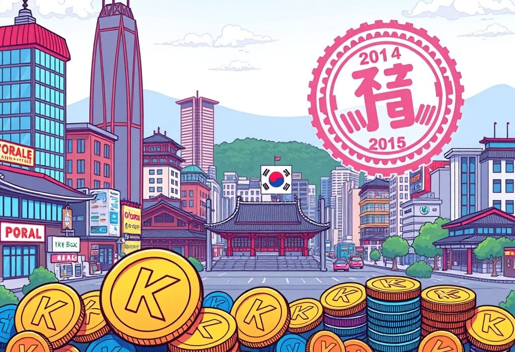 A cartoon image showing South Korean crypto exchanges filtering out domestic 'kimchi coins' due to strict regulations, symbolizing the market shift.