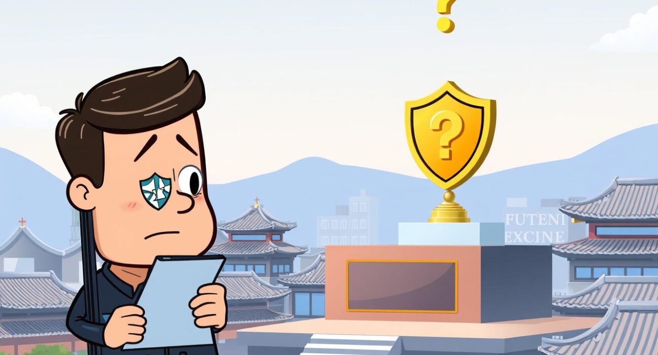 Cartoon illustrating the security gap for South Korean crypto exchanges, showing weak versus strong digital shields.