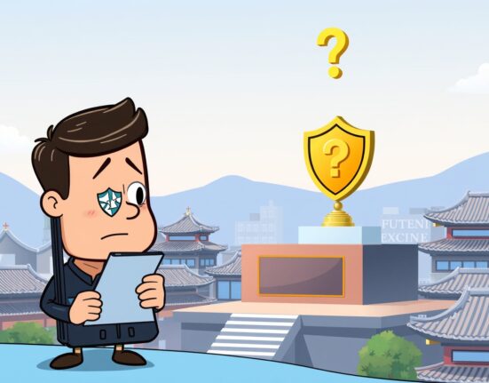 Cartoon illustrating the security gap for South Korean crypto exchanges, showing weak versus strong digital shields.