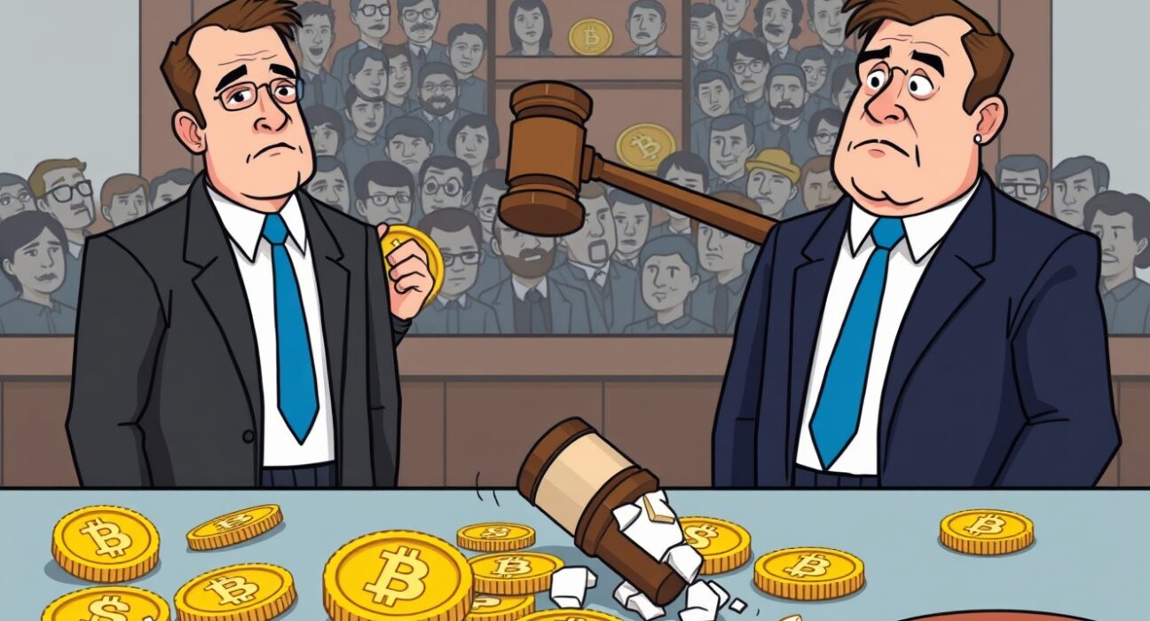 Cartoon illustration of a courtroom scene with individuals facing justice for a South Korean crypto fraud case, symbolizing financial losses and legal consequences.