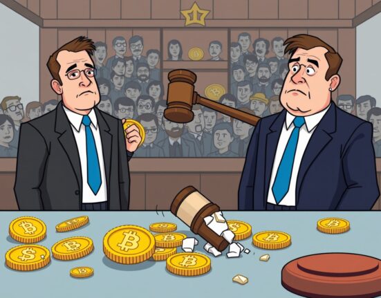 Cartoon illustration of a courtroom scene with individuals facing justice for a South Korean crypto fraud case, symbolizing financial losses and legal consequences.