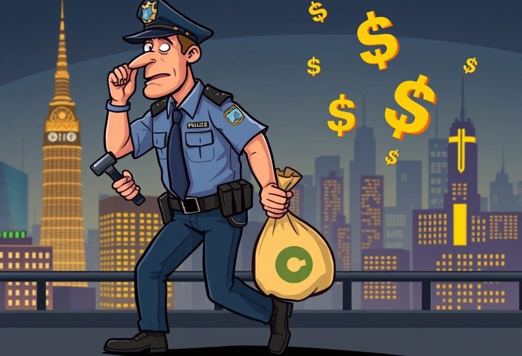 Cartoon showing South Korean police apprehending a suspect, symbolizing the significant arrest in the South Korean crypto fraud case.