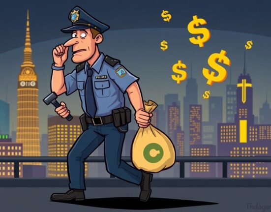 Cartoon showing South Korean police apprehending a suspect, symbolizing the significant arrest in the South Korean crypto fraud case.