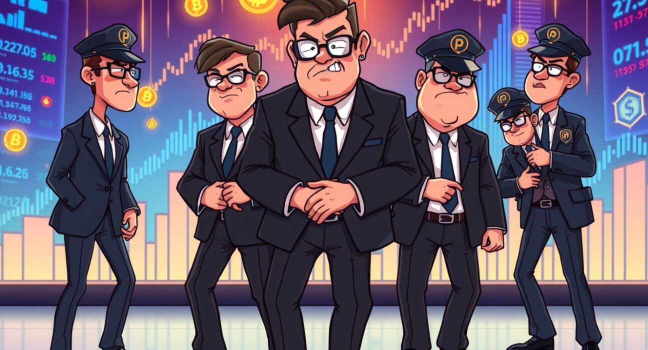 Cartoon illustration of crypto fraud scheme investigation with police arresting suspects amid digital currency symbols