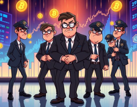 Cartoon illustration of crypto fraud scheme investigation with police arresting suspects amid digital currency symbols