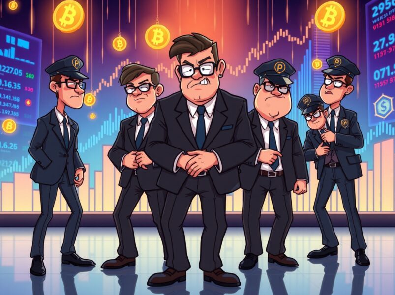Cartoon illustration of crypto fraud scheme investigation with police arresting suspects amid digital currency symbols