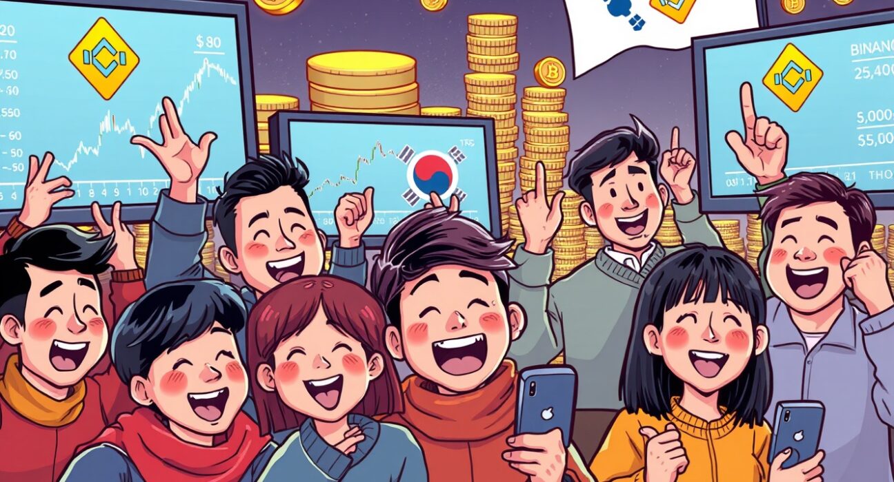 A cartoon showing South Korean individuals' significant South Korean crypto holdings on Binance, indicating rapid growth and digital asset adoption.