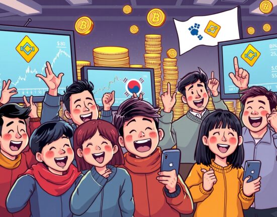 A cartoon showing South Korean individuals' significant South Korean crypto holdings on Binance, indicating rapid growth and digital asset adoption.