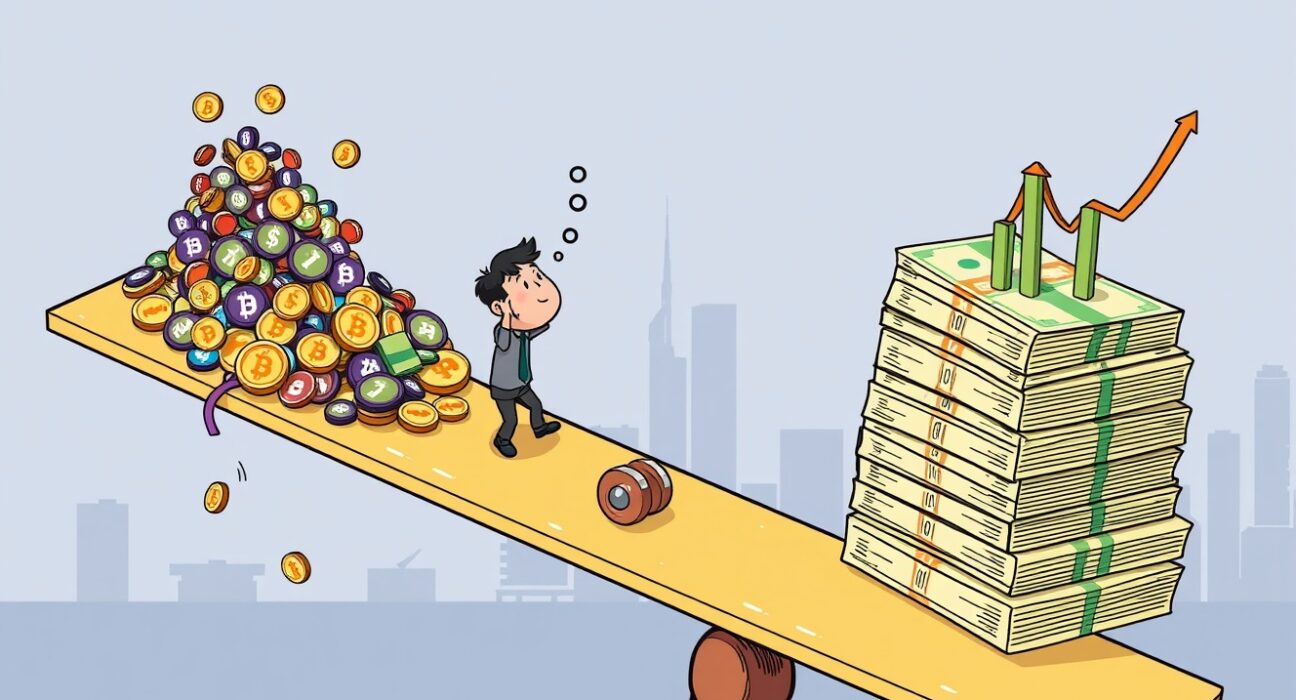 Cartoon illustration showing a dramatic fall in South Korean crypto holdings as stock investments rise.
