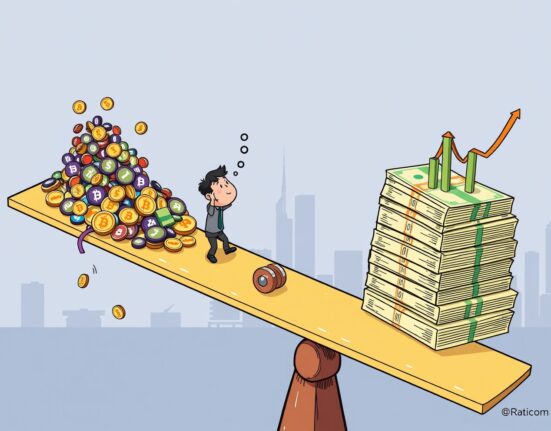 Cartoon illustration showing a dramatic fall in South Korean crypto holdings as stock investments rise.