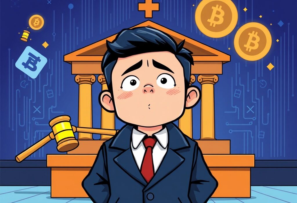 A cartoon illustration showing a South Korean crypto influencer facing legal consequences for online defamation, highlighting the risks in the crypto space.