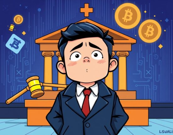 A cartoon illustration showing a South Korean crypto influencer facing legal consequences for online defamation, highlighting the risks in the crypto space.