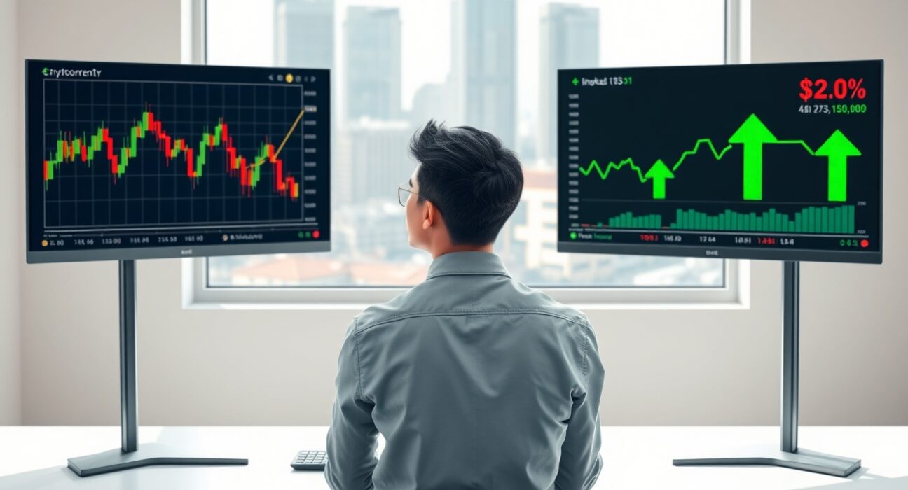 South Korean investor analyzing cryptocurrency and stock market data on dual monitors, representing the shift in investment focus.