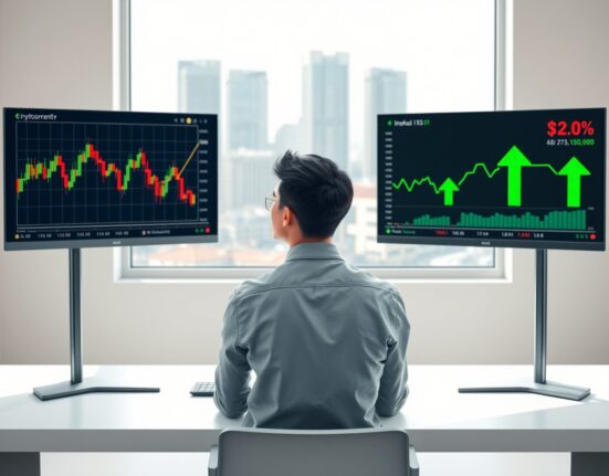 South Korean investor analyzing cryptocurrency and stock market data on dual monitors, representing the shift in investment focus.