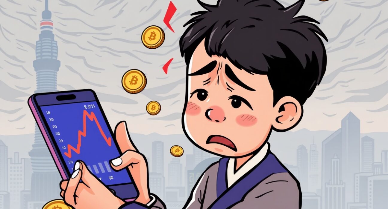 Cartoon illustration of a distressed individual reflecting the financial impact of forced liquidations from South Korean crypto loans.