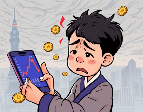 Cartoon illustration of a distressed individual reflecting the financial impact of forced liquidations from South Korean crypto loans.