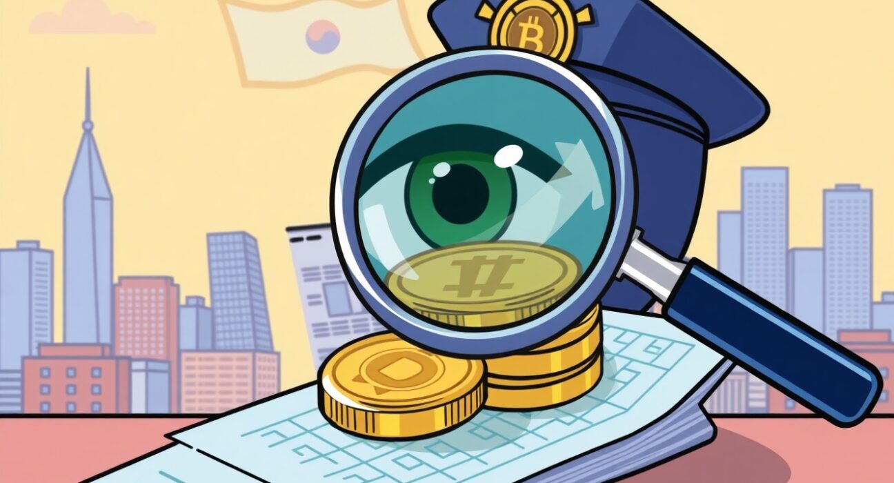 A cartoon magnifying glass over digital crypto transactions, symbolizing increased scrutiny of South Korean crypto reports.