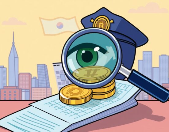 A cartoon magnifying glass over digital crypto transactions, symbolizing increased scrutiny of South Korean crypto reports.