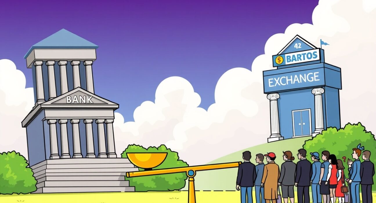 Cartoon illustration showing regulators balancing a crucial South Korean crypto rule between banks and exchanges.