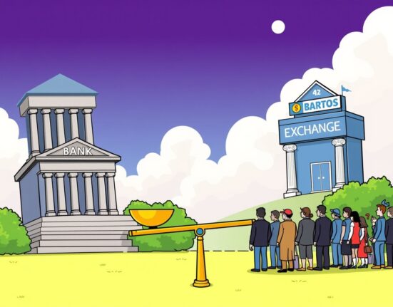 Cartoon illustration showing regulators balancing a crucial South Korean crypto rule between banks and exchanges.