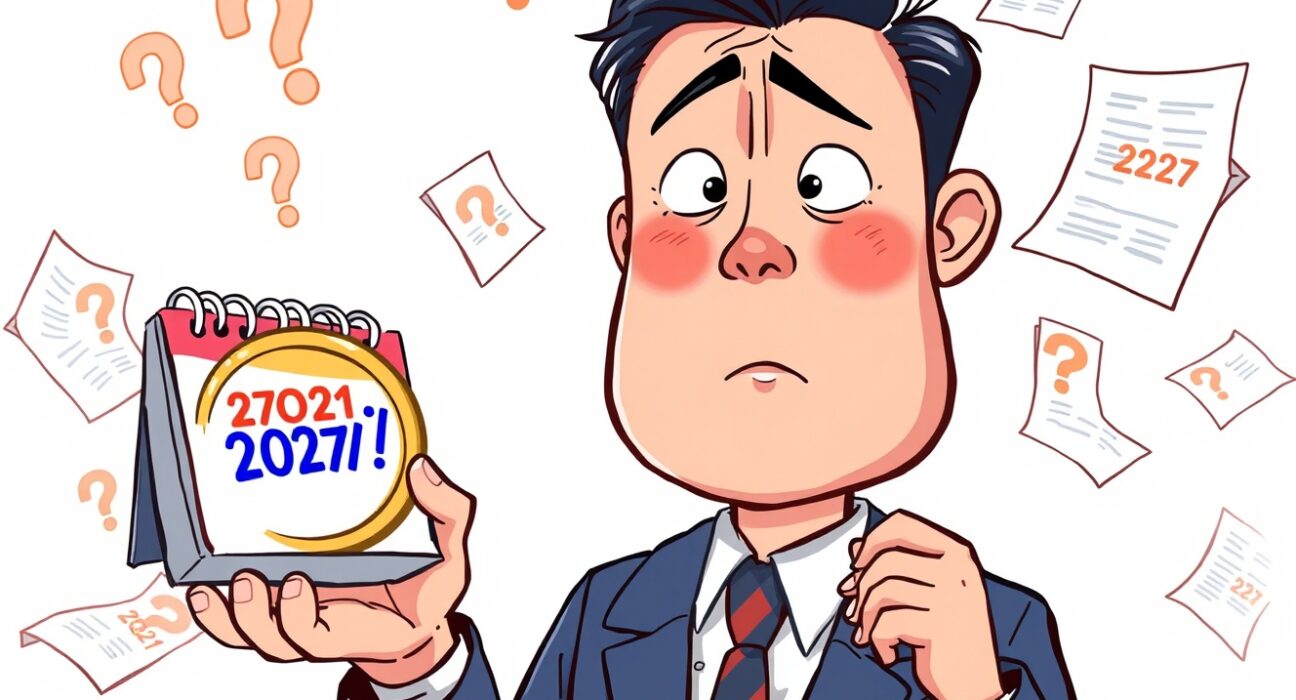 South Korean crypto tax delay illustrated with confused businessman and calendar