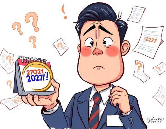 South Korean crypto tax delay illustrated with confused businessman and calendar