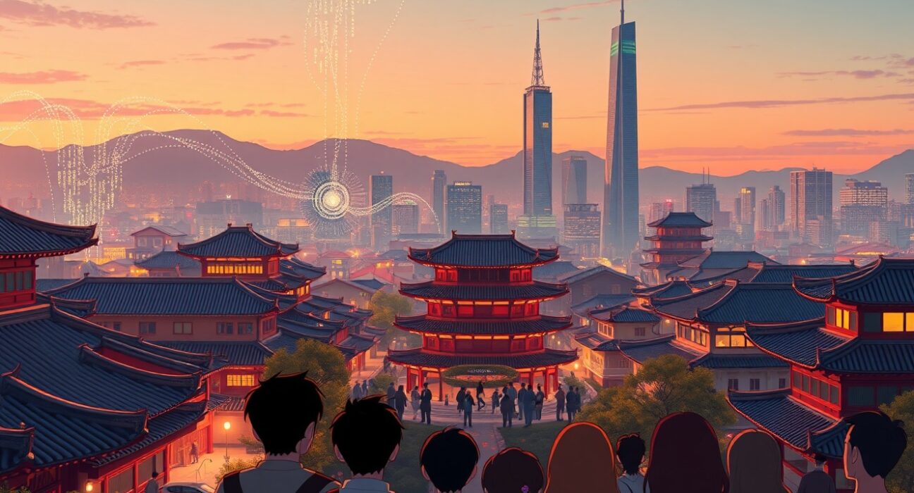South Korean crypto traders adoption growth shown through digital data streams in a stylized city.