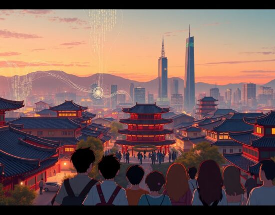 South Korean crypto traders adoption growth shown through digital data streams in a stylized city.