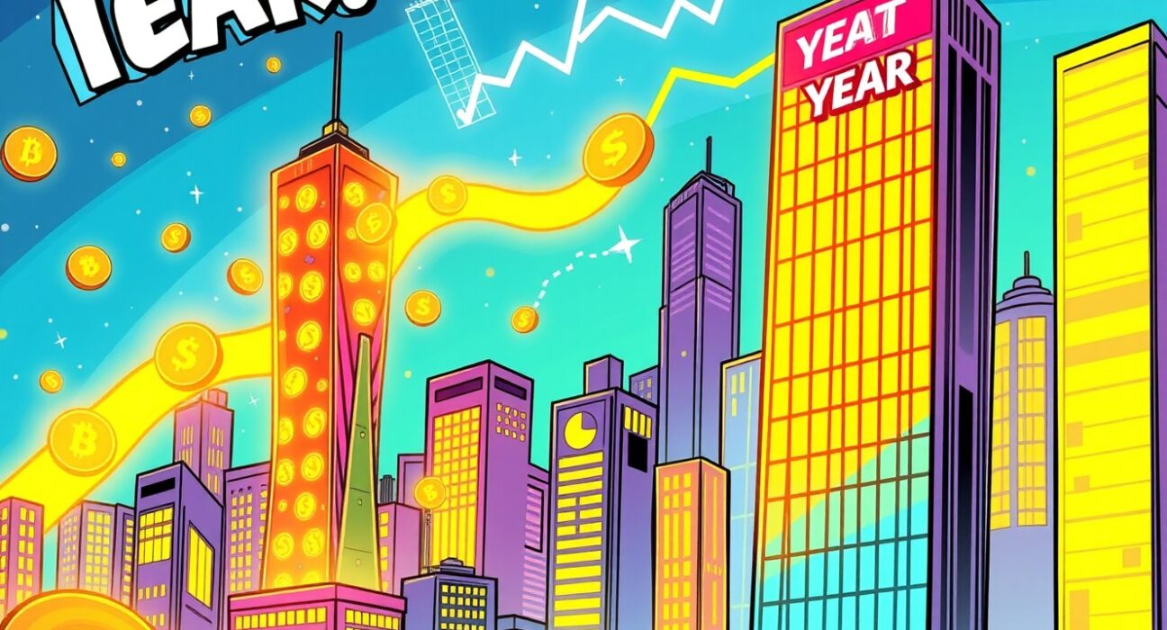 Animated chart showing South Korean crypto trading volume shifting between digital city buildings.