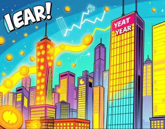 Animated chart showing South Korean crypto trading volume shifting between digital city buildings.