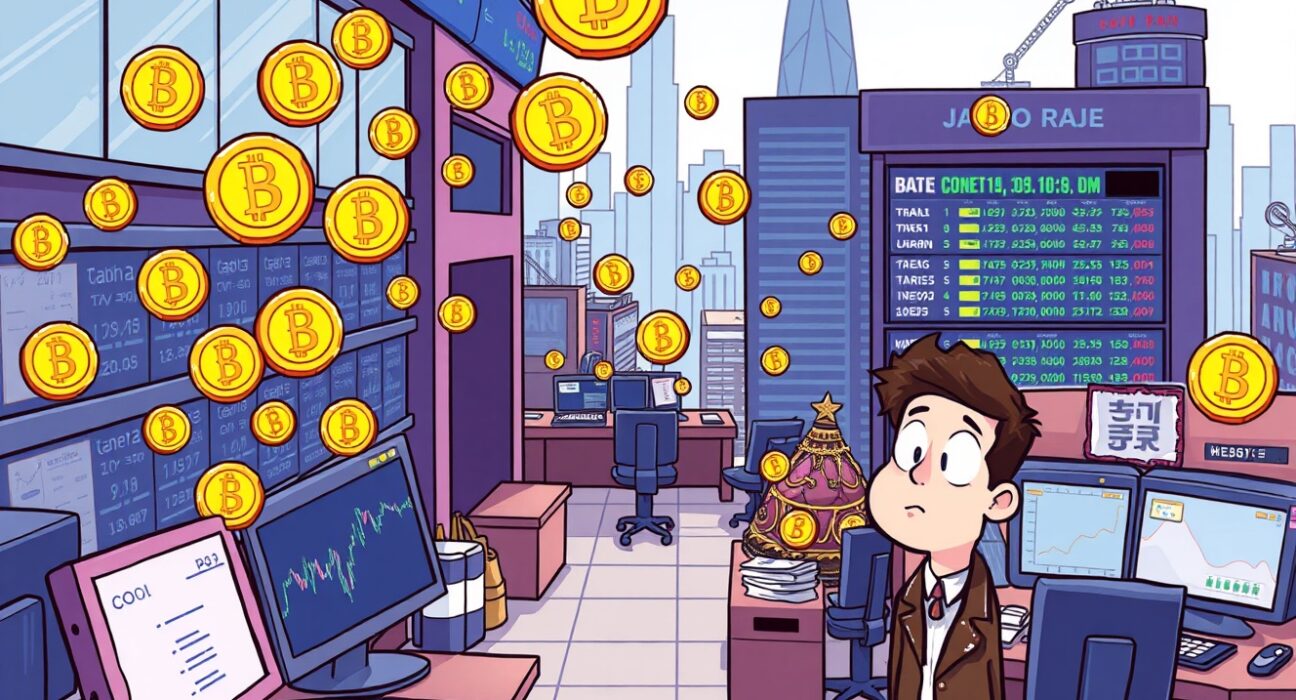 A cartoon showing low South Korean crypto trading volume despite many new digital asset listings, highlighting market challenges.