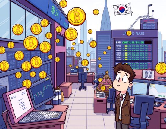 A cartoon showing low South Korean crypto trading volume despite many new digital asset listings, highlighting market challenges.