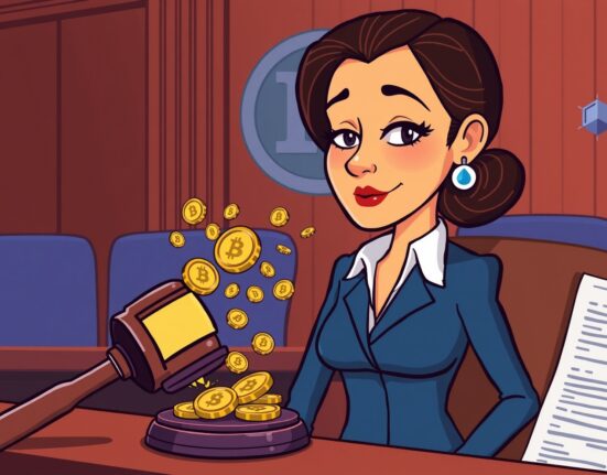 Cartoon illustration of cryptocurrency laundering case showing digital money flowing into legal scales of justice