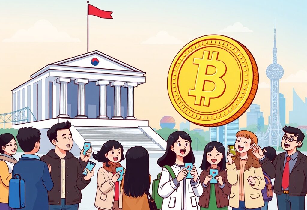 Cartoon showing South Korean citizens receiving digital currency subsidies on phones, highlighting the pilot program's aim for South Korean digital currency.