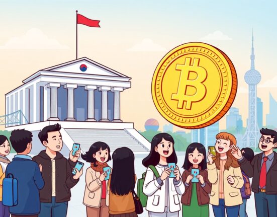 Cartoon showing South Korean citizens receiving digital currency subsidies on phones, highlighting the pilot program's aim for South Korean digital currency.