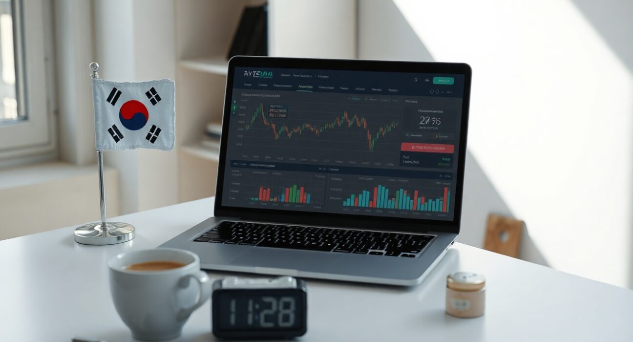 Desk with laptop showing crypto exchange dashboard, coffee cup, and South Korean flag, symbolizing market analysis
