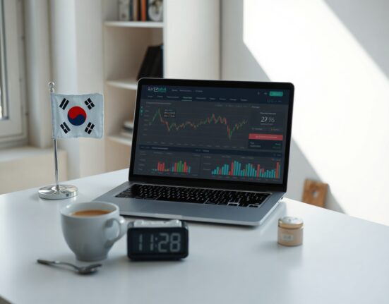 Desk with laptop showing crypto exchange dashboard, coffee cup, and South Korean flag, symbolizing market analysis