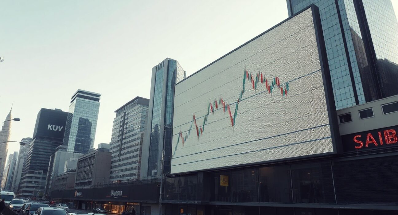 Seoul financial district with a digital billboard showing a subtle stock chart, symbolizing crypto market oversight.