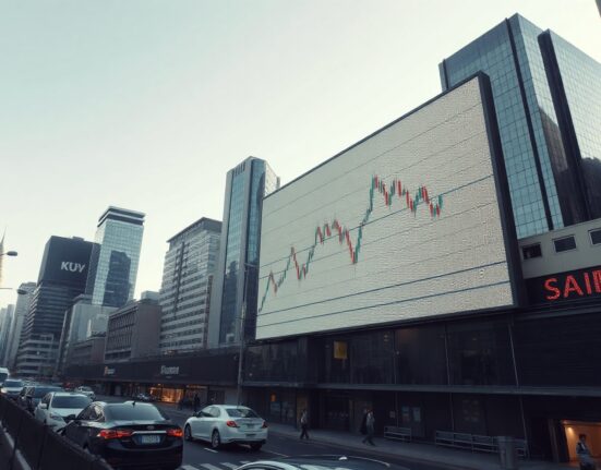 Seoul financial district with a digital billboard showing a subtle stock chart, symbolizing crypto market oversight.