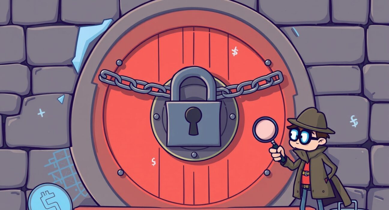 Cartoon illustration showing a locked vault representing frozen crypto assets seized by South Korean exchanges due to criminal activity.