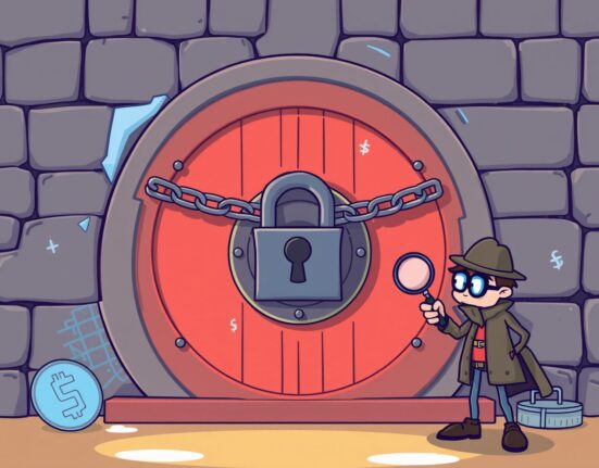 Cartoon illustration showing a locked vault representing frozen crypto assets seized by South Korean exchanges due to criminal activity.